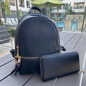 New black mini backpack with matching wallet